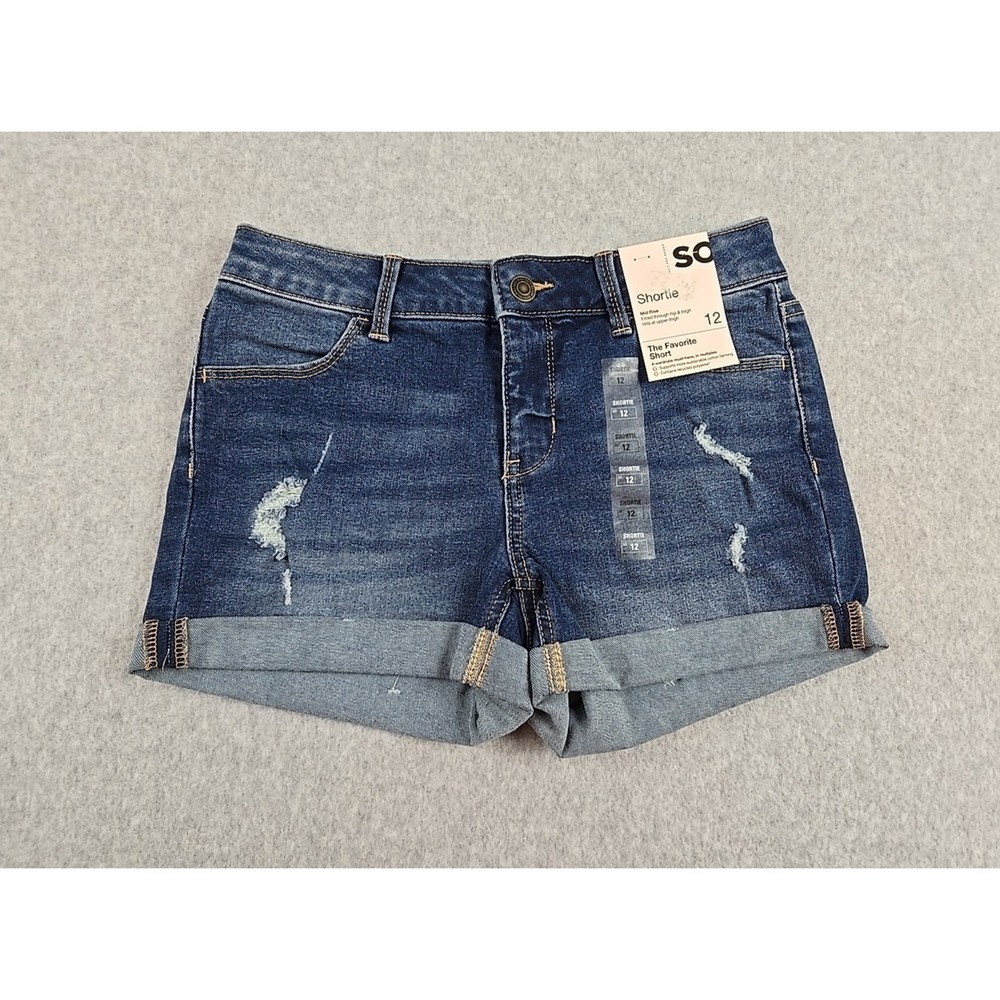 SO Jean Shorts Girls Size 12 Cuffed Mid Rise Denim Shortie Distressed Jeans NWT
